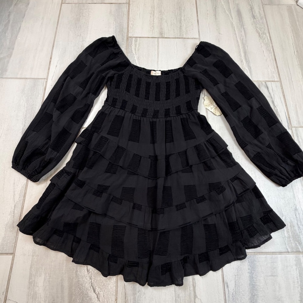 Altar'd State Black Smocked Tiered Ruffle Mini Dress Long Sleeve BD4871-ATS M